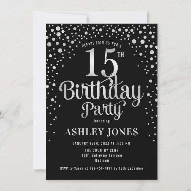 Invitation 15e fête d'anniversaire - Noir & Argent (Devant)