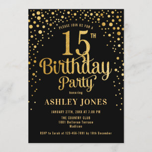 Invitation 15e fête d'anniversaire - Noir & Or