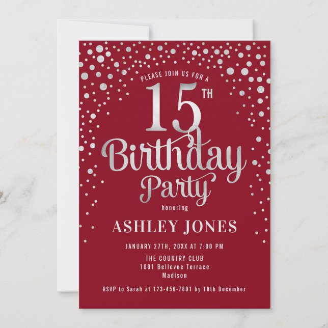 Invitation 15e fête d'anniversaire - Rouge & Argent (Devant)