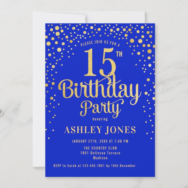 Invitation 15e fête d'anniversaire - Royal Blue & Gold (Devant)