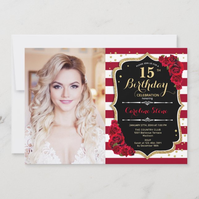 Invitation 15ème anniversaire avec photo - Black Red Gold (Devant)