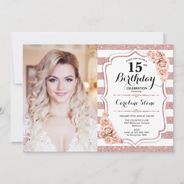 Invitation 15ème anniversaire avec photo - Rose Gold White (Devant)