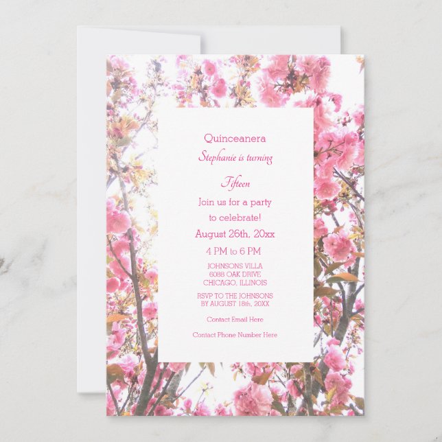 Invitation 15ème anniversaire Fleur de cerise rose (Devant)