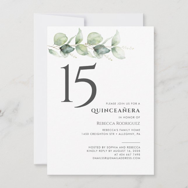 Invitation 15ème anniversaire minimaliste Eucalyptus Quincean (Devant)