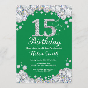 Invitation 15ème Diamant vert et argenté d'anniversaire