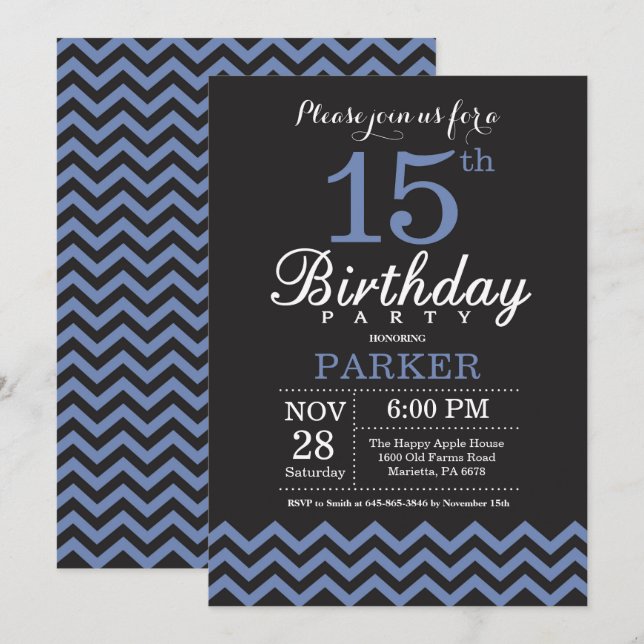 Invitation 15ème Noir et bleu d'invitation d'anniversaire (Devant / Derrière)