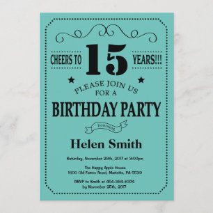 Invitation 15ème Noir et Teal d'invitation d'anniversaire