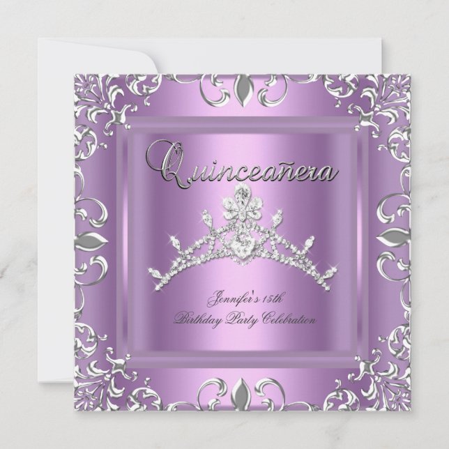 Invitation 15ème Quinceanera Anniversaire Fête Argent Lilac T (Devant)