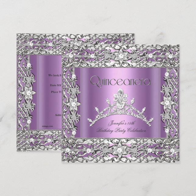 Invitation 15ème Quinceanera Anniversaire Fête Lilac Tiara (Devant / Derrière)
