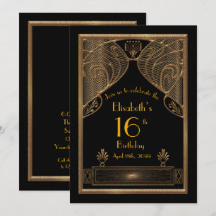 Invitation 16,16 Anniversaire,Art Déco, or noir