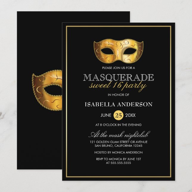 Invitation 16 ans de jeu classique Gold & Black Masquerade Sw (Devant / Derrière)