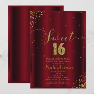 Invitation 16 ANS Fête 16 Coins de Confettis Rouges et Dorés
