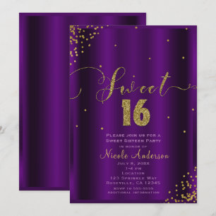 Invitation 16 ANS Fête 16 Coins de Confettis Violets et Dorés