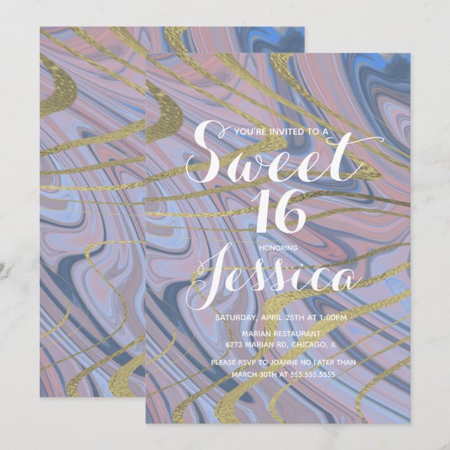 Invitation 16 ans | Marbre de coing Liquide bleu rose (Devant / Derrière)