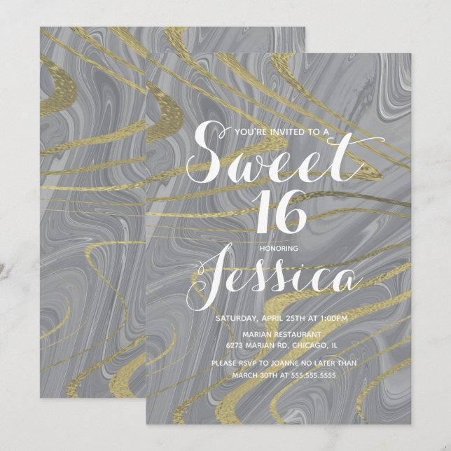 Invitation 16 ans | Marbre de coing Liquide Gris Faux Or (Devant / Derrière)