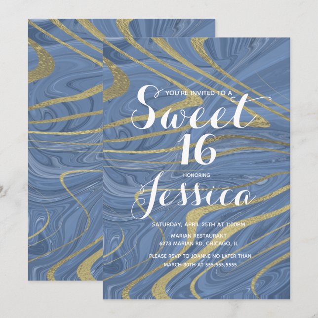 Invitation 16 ans | Marbre de coing Liquide L Blue Faux Gold (Devant / Derrière)