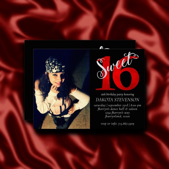 Invitation 16 ans | Photo du 16e anniversaire rouge et noir (Créateur téléchargé)