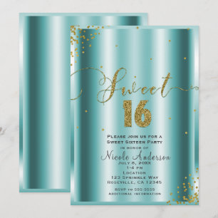 Invitation 16 ANS Sweet 16 Seize Coins Aqua & Or Confetti