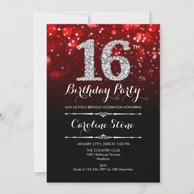 Invitation 16e anniversaire - Argent rouge (Devant)