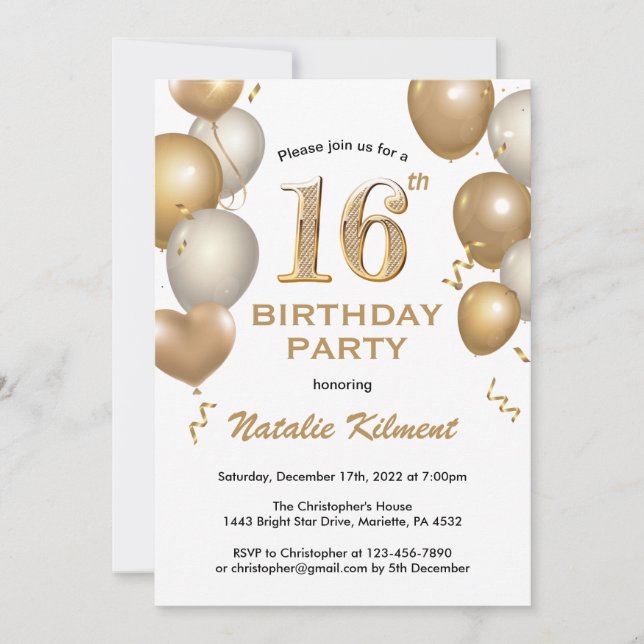 Invitation 16e anniversaire Ballons blancs et or (Devant)