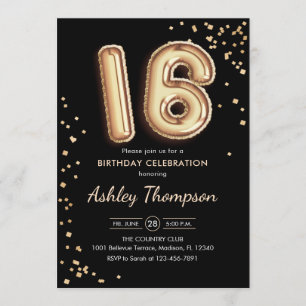 Invitation 16e anniversaire - Ballons d'or noir