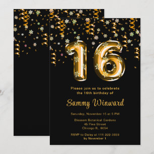 Invitation 16e anniversaire Ballons d'or Snowflake Confetti