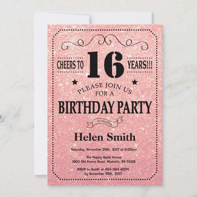 Invitation 16e anniversaire Black and Rose Rose Parties scint (Devant)