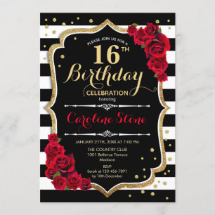 Invitation 16e anniversaire Black White Stripes Ro