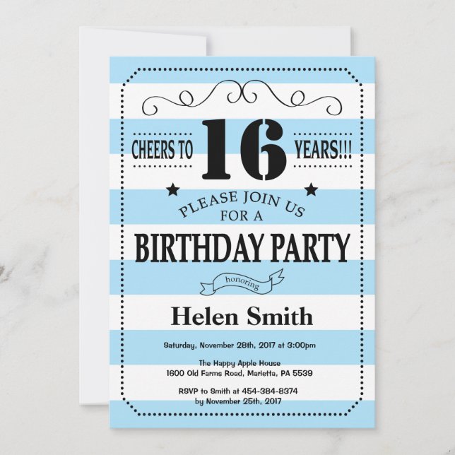 Invitation 16e anniversaire Bleu et blanc rayures (Devant)