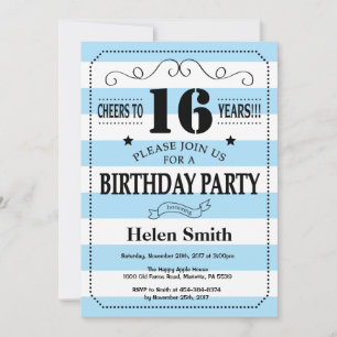 Invitation 16e anniversaire Bleu et blanc rayures