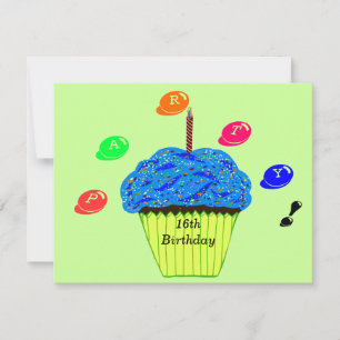 Invitation 16e anniversaire Blue Cupcake Bits de bonbons Invi