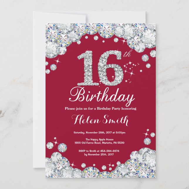 Invitation 16e anniversaire Bourgogne Rouge et Diamant Argent (Devant)