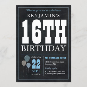 Invitation 16e anniversaire Chalkboard Blue Balloon Rustic Ch