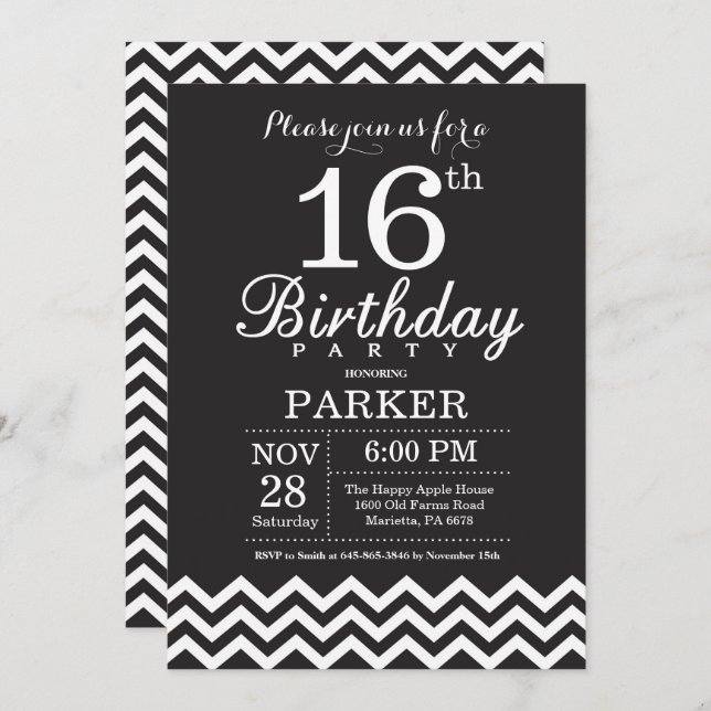 Invitation 16e anniversaire Chevron noir et blanc (Devant / Derrière)