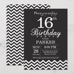Invitation 16e anniversaire Chevron noir et blanc