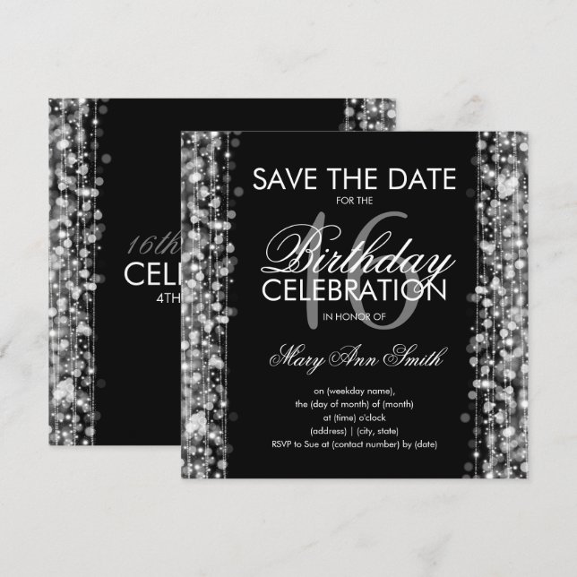 Invitation 16e anniversaire de fête Sauvez la date Sparkles S (Devant / Derrière)