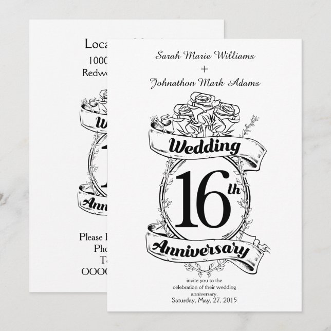 Invitation 16e Anniversaire de Mariage Roses Noires et Blanch (Devant / Derrière)