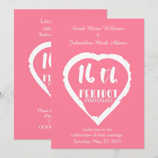 Invitation 16e anniversaire du Mariage peridot traditionnel (Devant / Derrière)
