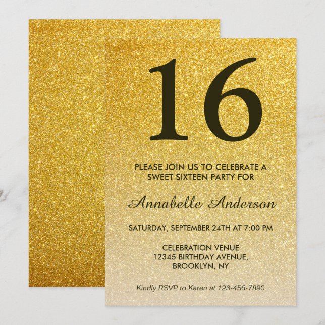 Invitation 16e anniversaire Elegant Black Gold Parties scinti (Devant / Derrière)