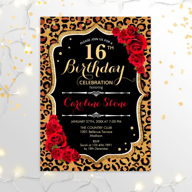 Invitation 16e anniversaire - Empreinte de léopard de Red Ros (Créateur téléchargé)