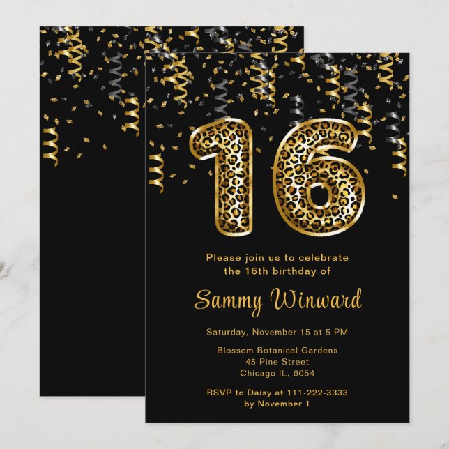 Invitation 16e anniversaire Empreintes de léopard ballons ave (Devant / Derrière)