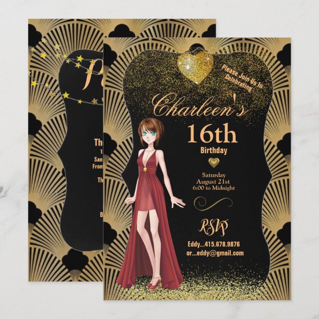 Invitation 16e anniversaire fête Art Déco Gatsby fille (Devant / Derrière)