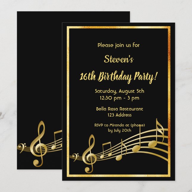Invitation 16e anniversaire fête musique noir et or notes (Devant / Derrière)