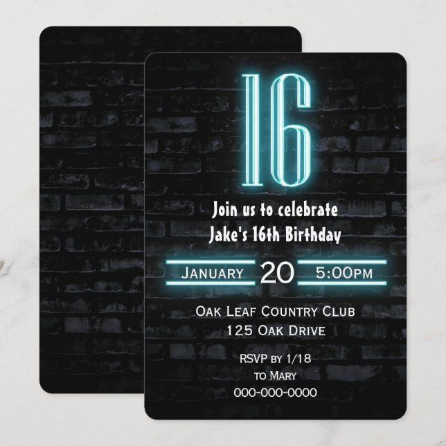 Invitation 16e anniversaire fête néon Connexion en brique (Devant / Derrière)