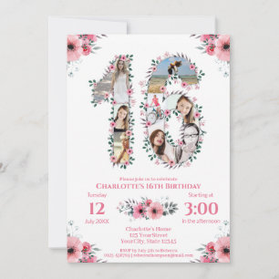 Invitation 16e anniversaire fille photo collage rose Fleur bl