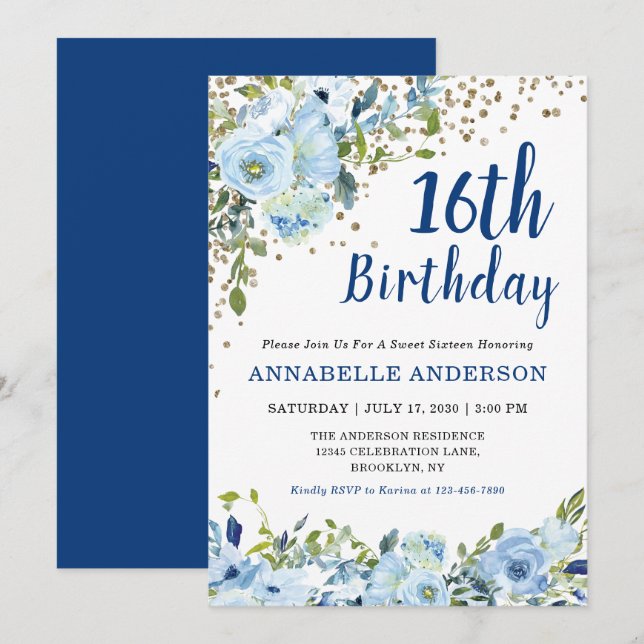 Invitation 16e anniversaire Floral Navy Blue Gold Confetti Gi (Devant / Derrière)