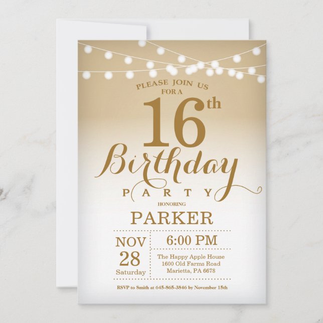 Invitation 16e anniversaire Gold String Lights (Devant)