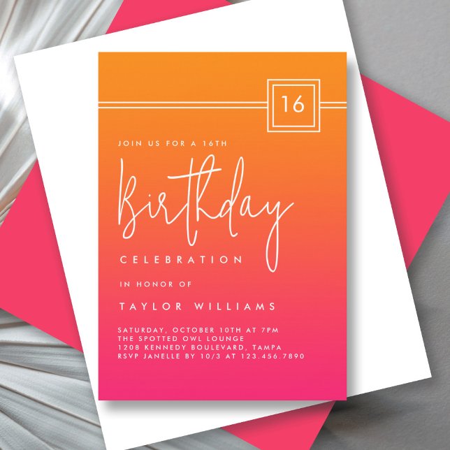 Invitation 16e anniversaire Hot rose Orange Bold Simple Minim (Créateur téléchargé)