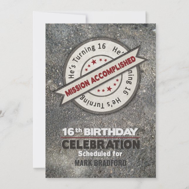 Invitation 16e anniversaire, mission accomplie, (Devant)