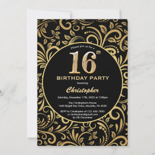 Invitation 16e anniversaire Modèle floral noir et or